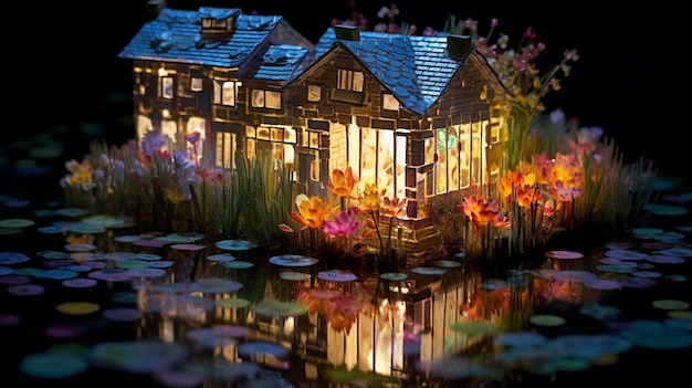 Una casa con laghetto e fiori illuminati di notte.