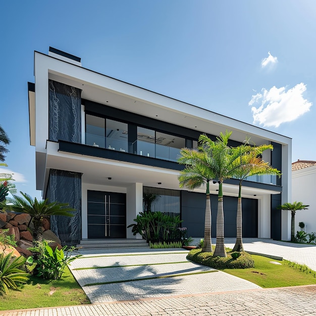 una casa con palme e un cielo blu