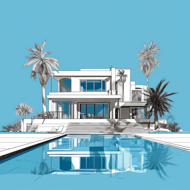 una casa con palme e una piscina di fronte.