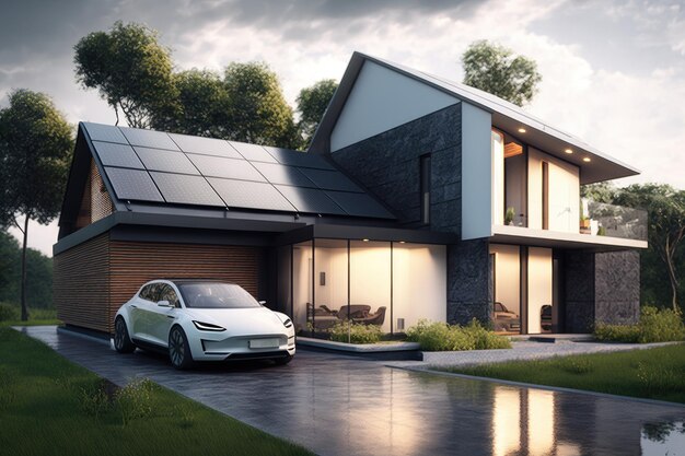 Una casa con pannelli solari e un'auto elettrica una casa indipendente dall'energia energia ecologica in casa IA generativa