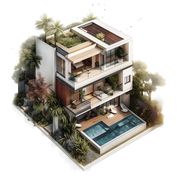 Una casa con piscina e alberi nel mezzo