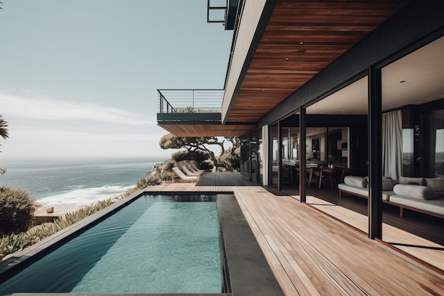Una casa con piscina e vista sull'oceano.