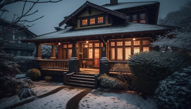 Una casa con portico e neve per terra