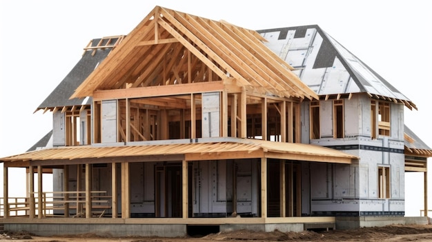 Una casa con tetto in legno che ha una casa in costruzione.