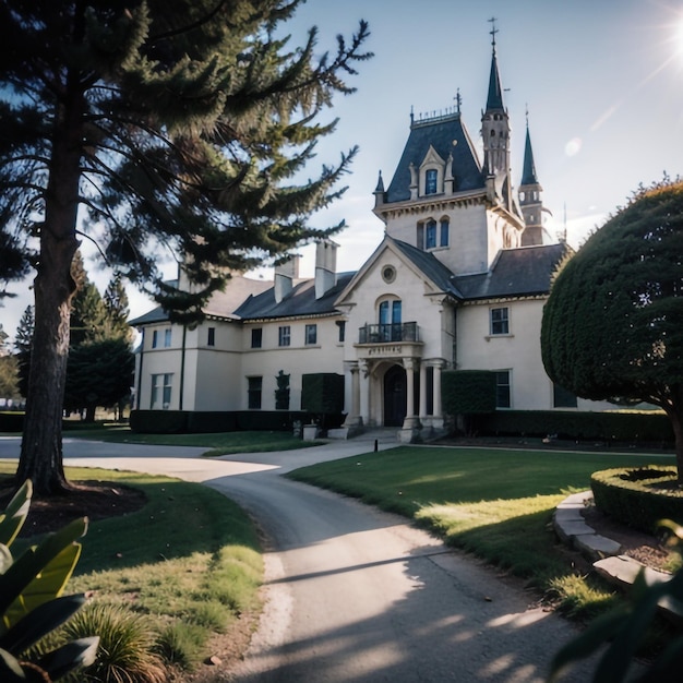 una casa con un ampio portico e un grande edificio con un ampio portico