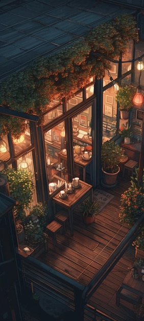 Una casa con un balcone e un tavolo con sopra una pianta.