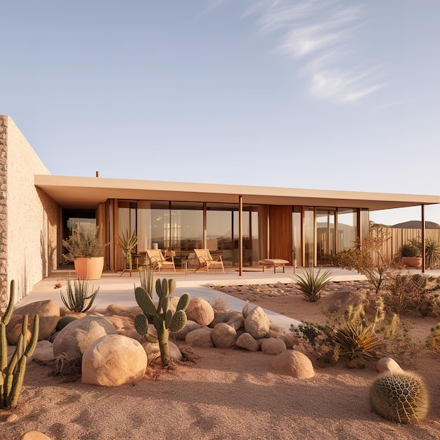 Una casa con un cactus al centro