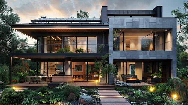 una casa con un giardino e una vista dell'esterno