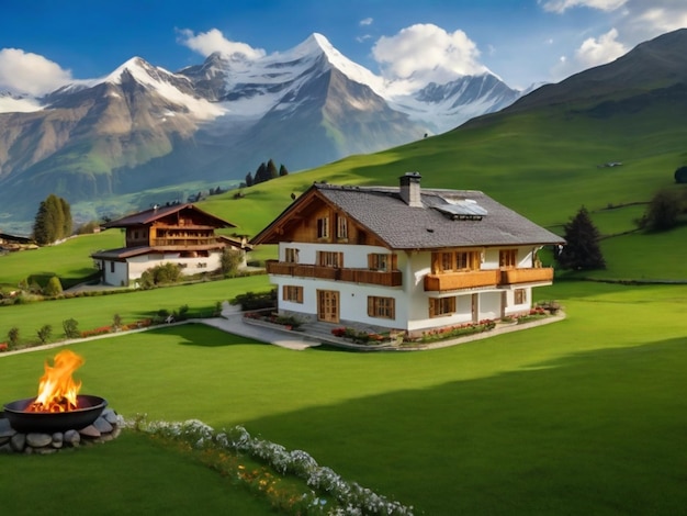 una casa con un pozzo di fuoco e montagne sullo sfondo