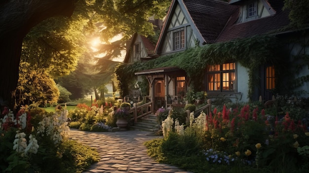 una casa con un sentiero che vi conduce al tramonto