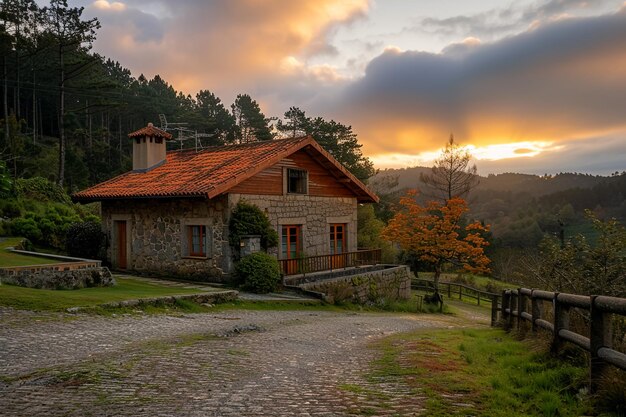 una casa con un tetto rosso è circondata da alberi e una recinzione