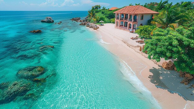 una casa con un tetto rosso è sulla spiaggia