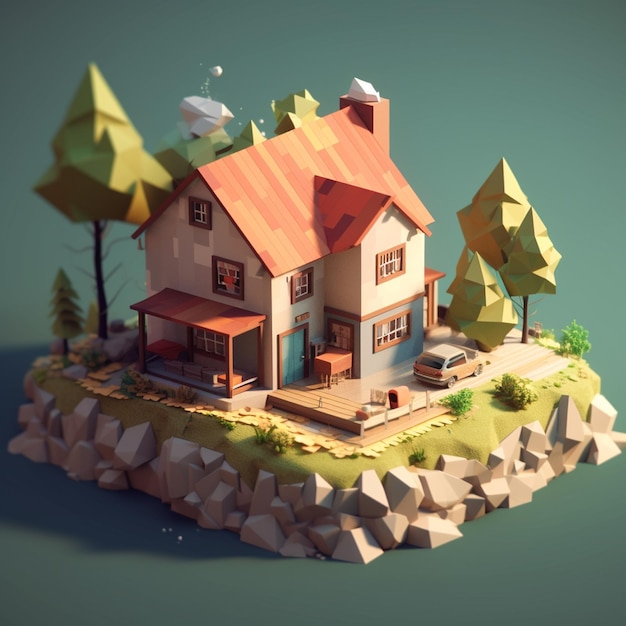 Una casa con un tetto rosso si trova su una piccola isola.