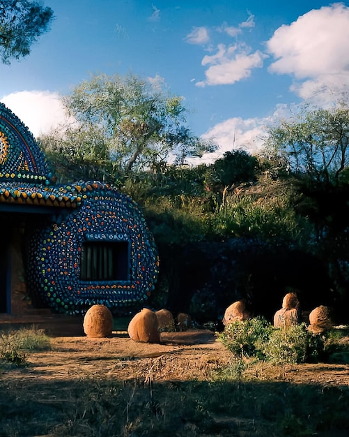 Una casa con un tetto rotondo e un cerchio colorato sul davanti.