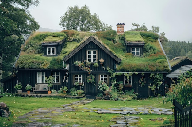 Una casa con un tetto verde coperto di erba