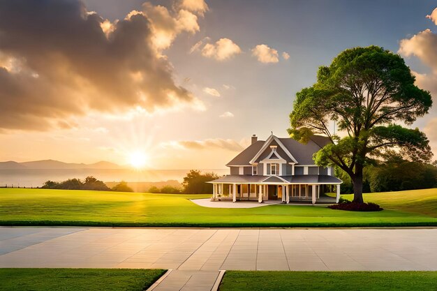 Una casa con un tramonto sullo sfondo