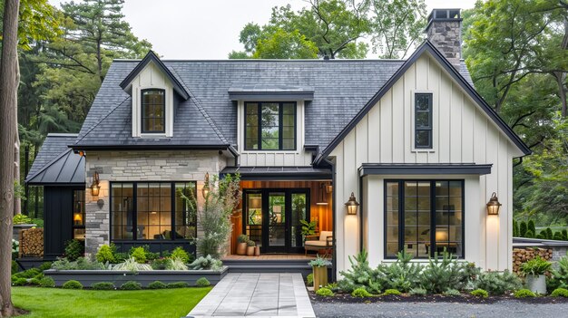 una casa con una grande porta d'ingresso e una grande porta di ingresso