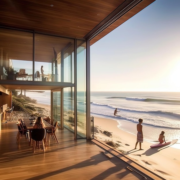 Una casa con una parete di vetro e una vista sulla spiaggia