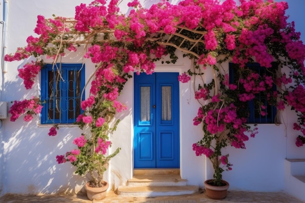 Una casa con una porta blu e dei fiori