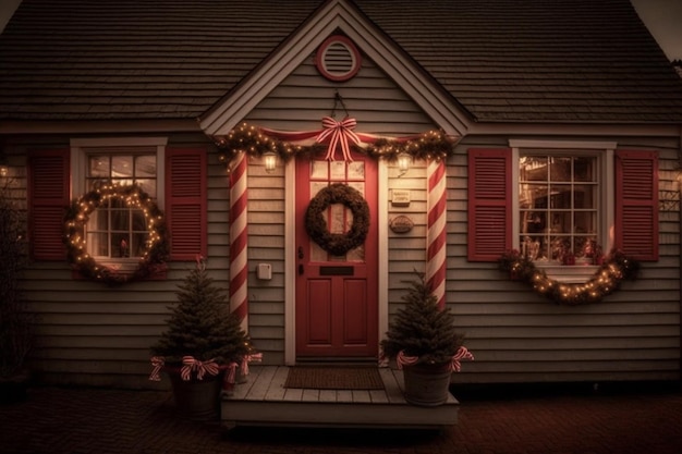 Una casa con una porta rossa e una porta rossa con una ghirlanda di Natale sulla porta.
