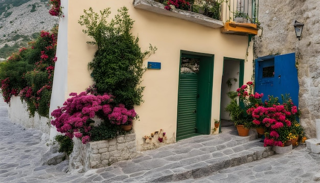 una casa con una porta verde e fiori sulle scale