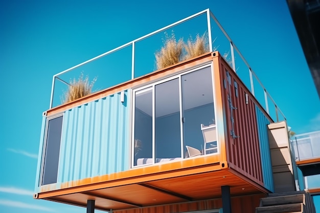 Una casa container su un terreno a 2 piani, un moderno bar o ristorante container