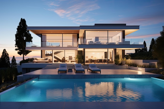Una casa contemporanea a più livelli con una piscina esterna vista al crepuscolo
