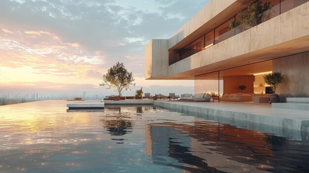 Una casa contemporanea che mostra una splendida piscina generativa AI