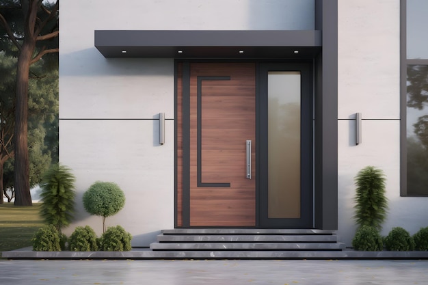 Una casa contemporanea con una elegante porta in legno e gradini invitanti