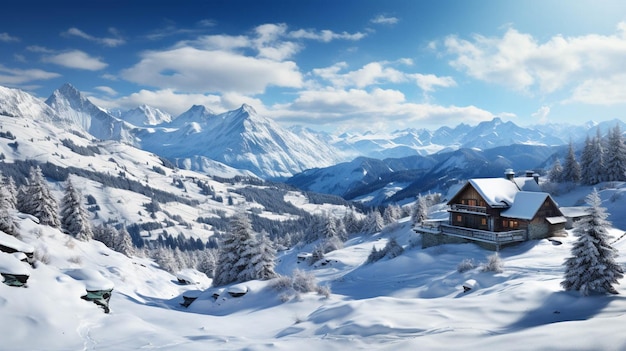 Una casa coperta di neve e nuvole bianche sullo sfondo delle montagne