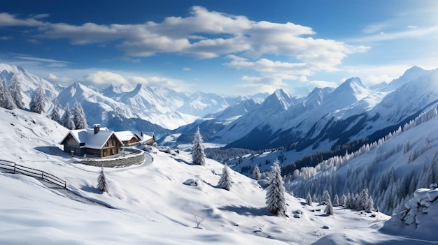 Una casa coperta di neve e nuvole bianche sullo sfondo delle montagne