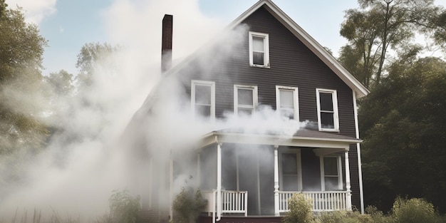 Una casa da cui esce del fumo