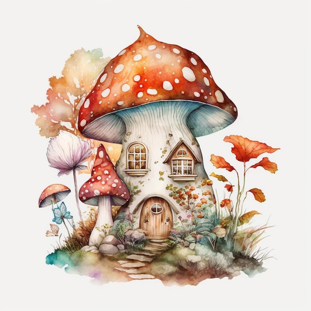 Una casa da favola con una casa dei funghi in cima.