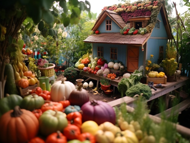 Una casa dal tetto blu è circondata da frutta e verdura.