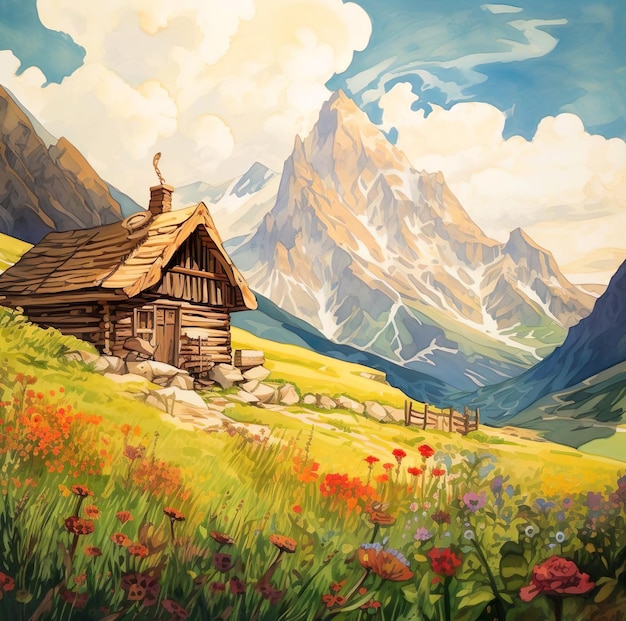 Una casa dei bassifondi con la pittura illustrativa di fiori e vista sulle montagne