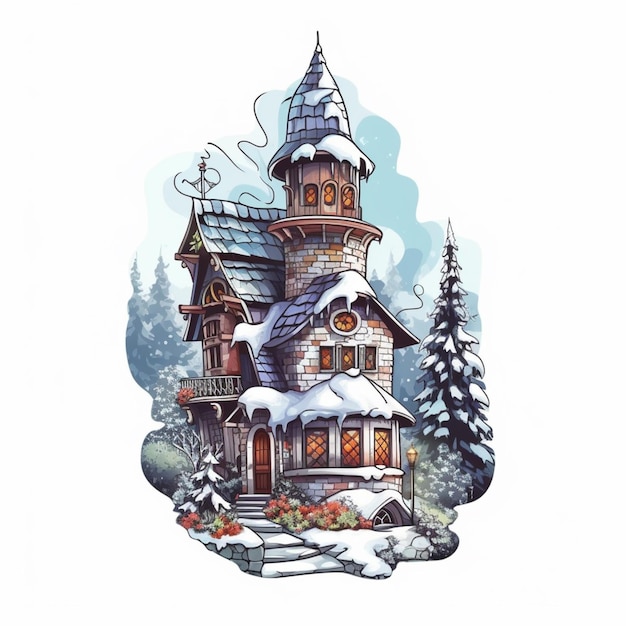 Una casa dei cartoni animati con la neve sul tetto.