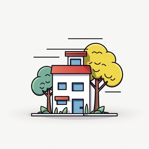 una casa dei cartoni animati con un albero e una casa con un camino ai generativi