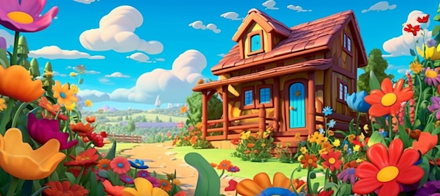 Una casa dei cartoni animati in un campo di fiori con un percorso che conduce ad essa generativa ai