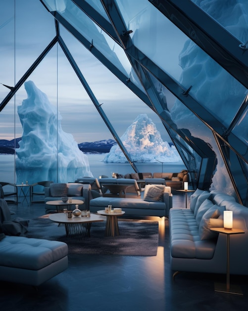 Una casa del futuro costruita su un iceberg in Anartide Casa innovativa per vivere il futuro all'interno di un iceberg antartico progettazione sostenibile e isolamento nella natura ghiacciata