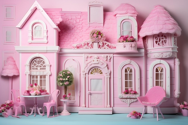 una casa di bambole rosa con una casa rosa sulla parte anteriore.