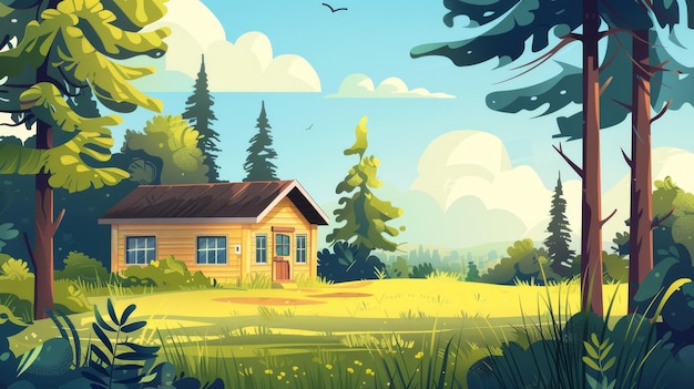 Una casa di campagna circondata da alberi un cottage in campagna una piccola capanna di legno nel villaggio erba e cielo paesaggio estivo con erba e alberi illustrazione moderna
