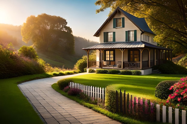 Una casa di campagna con un cortile recintato e un giardino sullo sfondo.