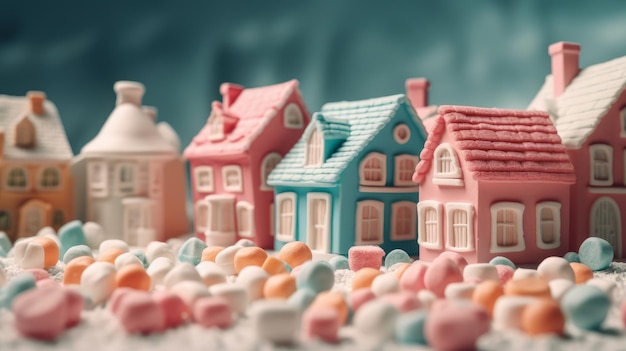 Una casa di caramelle con sopra dei marshmallow