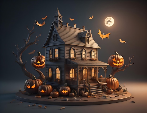 Una casa di Halloween con zucche e luna piena