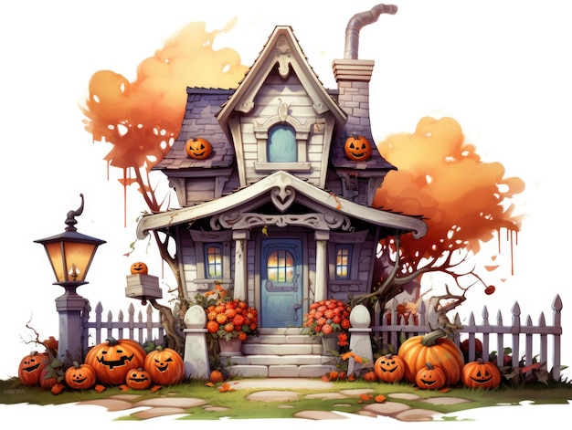 Una casa di Halloween con zucche sul prato Immagine digitale Decorazioni di Halloween