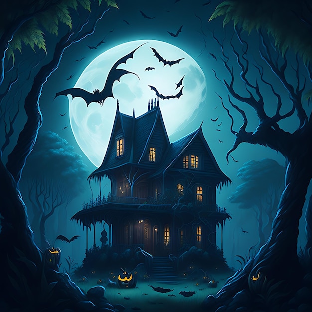 una casa di Halloween nel profondo della giungla notte di luna pipistrello volante nel cielo che mostra fantasma nella casa anteriore