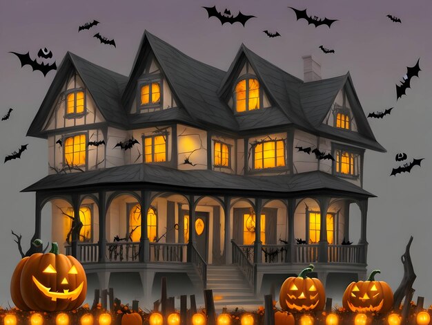 Una casa di illuminazione horror di Halloween per il festival di Halloween Generative ai
