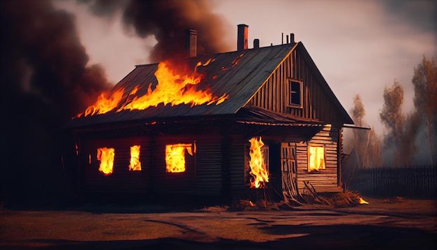 Una casa di legno a un piano è in fiamme IA generativa