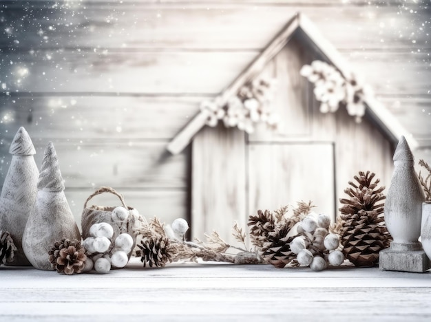 Una casa di legno con una decorazione natalizia e una pigna