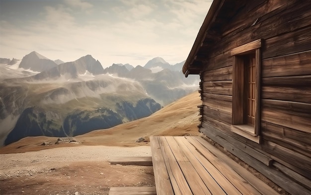 Una casa di legno in montagna con vista sulle montagne sullo sfondo.